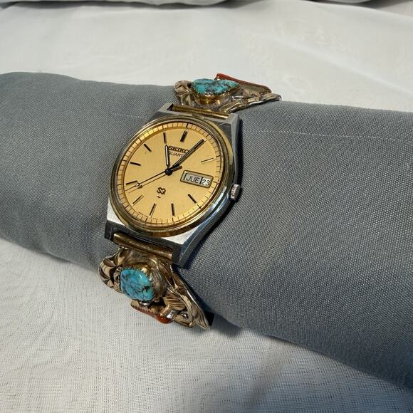Seiko Quartz Watch & Tawa By KT 12K Gold Filled Sterling Turquoise Coral Native - Picture 11 of 11